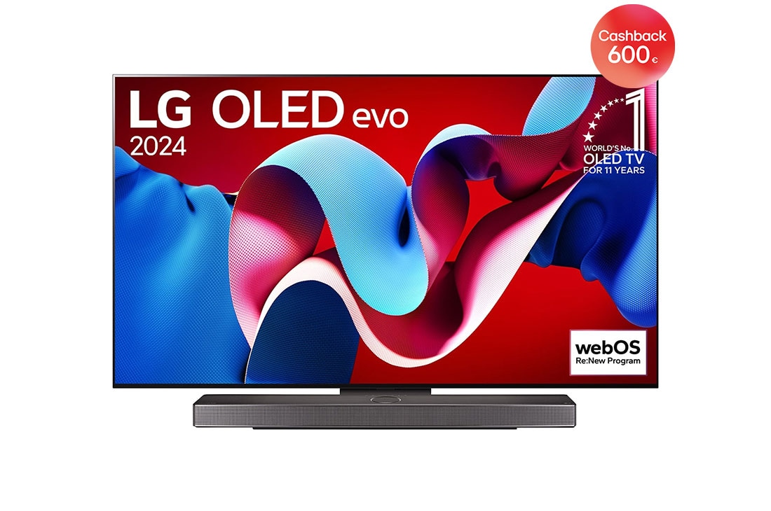 LG 77-palcový LG OLED evo AI C4 4K Smart TV OLED77C4, Pohľad spredu s televízorom LG OLED evo AI, OLED C4, logom 11 rokov svetovej jednotky OLED a logom webOS Re:New Program na obrazovke, ako aj so soundbarom pod televízorom, OLED77C45LA