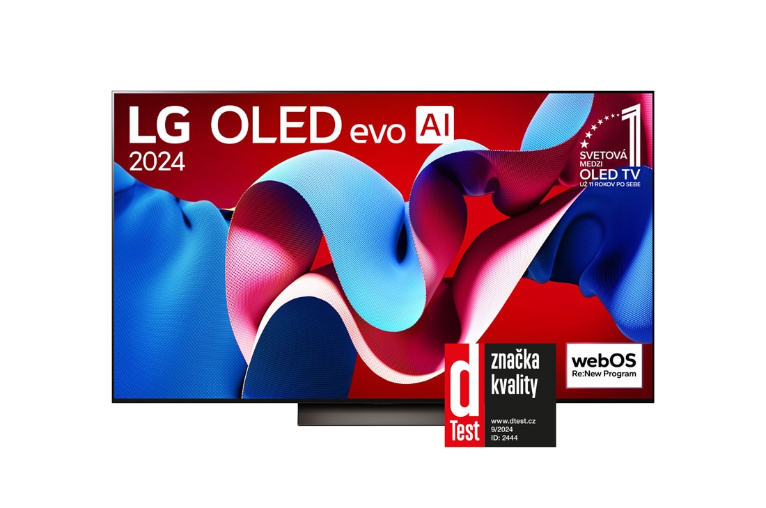 LG 65-palcový LG OLED evo AI C4 4K Smart TV OLED65C4, Pohľad spredu s televízorom LG OLED evo AI, OLED C4, logom 11 rokov svetovej jednotky OLED a logom webOS Re:New Program na obrazovke, ako aj so soundbarom pod televízorom, OLED65C45LA