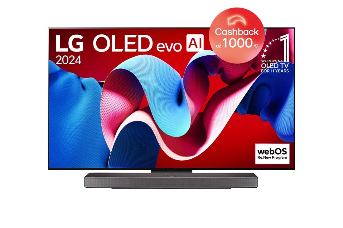 LG 65-palcový LG OLED evo AI C4 4K Smart TV OLED65C4, Pohľad spredu s televízorom LG OLED evo AI, OLED C4, logom 11 rokov svetovej jednotky OLED a logom webOS Re:New Program na obrazovke, ako aj so soundbarom pod televízorom, OLED65C45LA