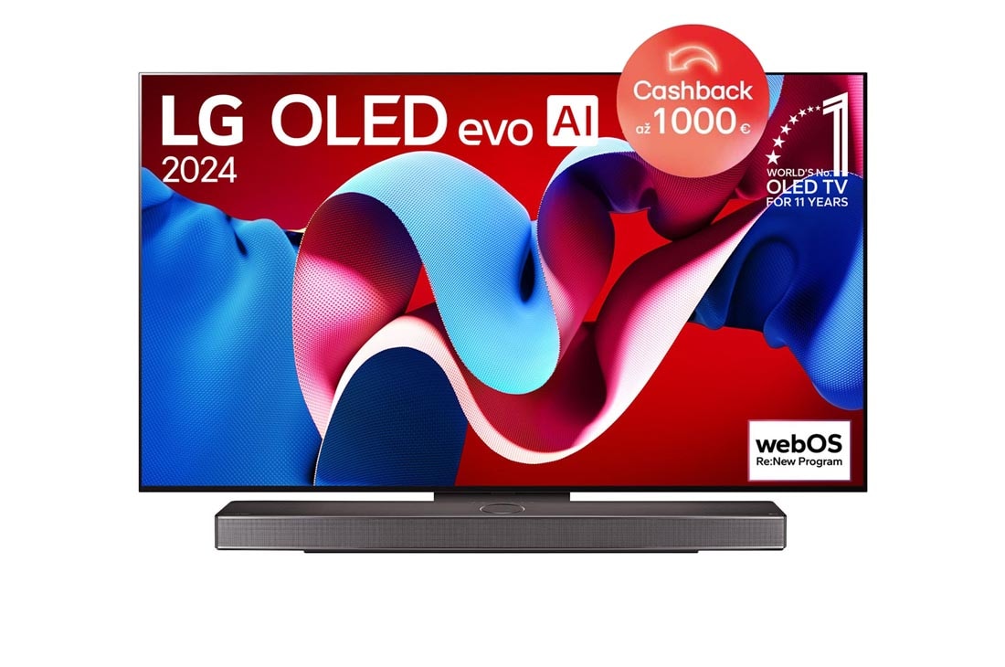 LG 55-palcový LG OLED evo AI C4 4K Smart TV OLED55C4, Pohľad spredu s televízorom LG OLED evo AI, OLED C4, logom 11 rokov svetovej jednotky OLED a logom webOS Re:New Program na obrazovke, ako aj so soundbarom pod televízorom, OLED55C45LA