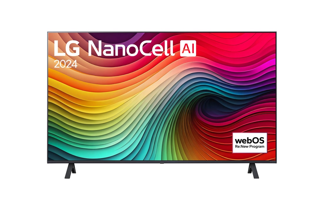 LG 43-palcový LG NanoCell AI NANO82 4K Smart TV 2024, Pohľad spredu na LG NanoCell AI TV, NANO82 s textom LG NanoCell AI, 2024 a logom webOS Re:New Program na obrazovke, 43NANO82T6B