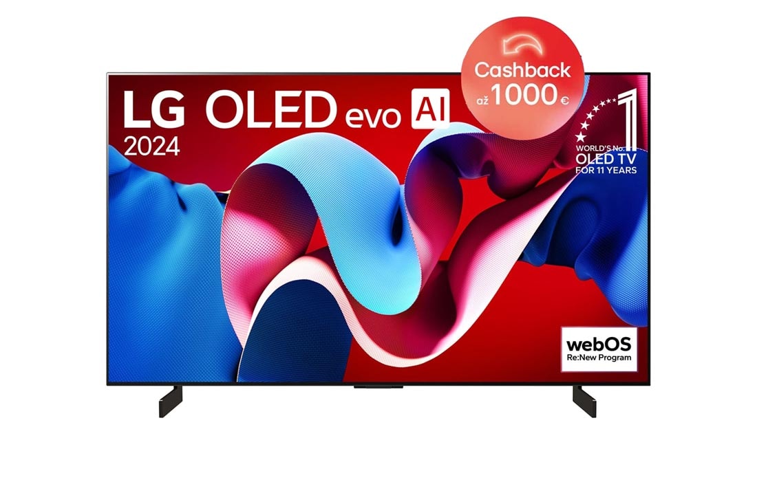 LG 42-palcový LG OLED evo AI C4 4K Smart TV OLED42C4, Pohľad spredu s televízorom LG OLED evo AI, OLED C4, emblémom 11 rokov svetovej jednotky OLED a logom webOS Re:New Program na obrazovke so stojanom s dvomi nohami, OLED42C44LA