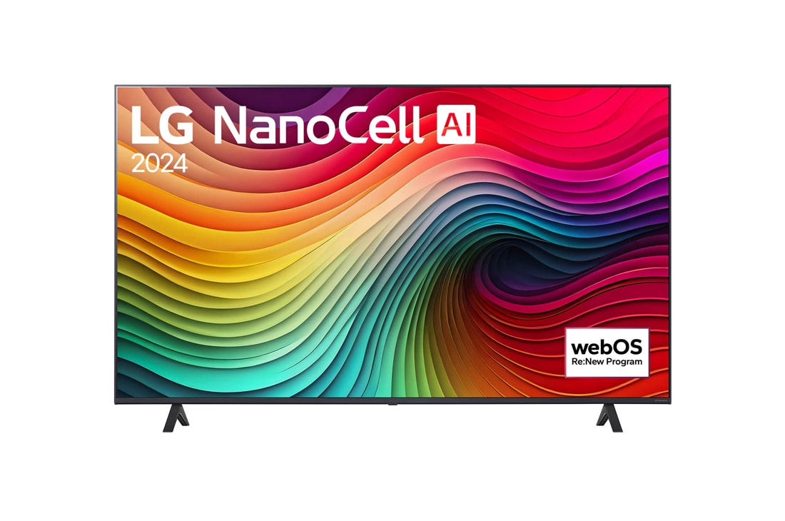 LG 50-palcový LG NanoCell AI NANO82 4K Smart TV 2024, Pohľad spredu na LG NanoCell AI TV, NANO82 s textom LG NanoCell AI, 2024 a logom webOS Re:New Program na obrazovke, 50NANO82T6B