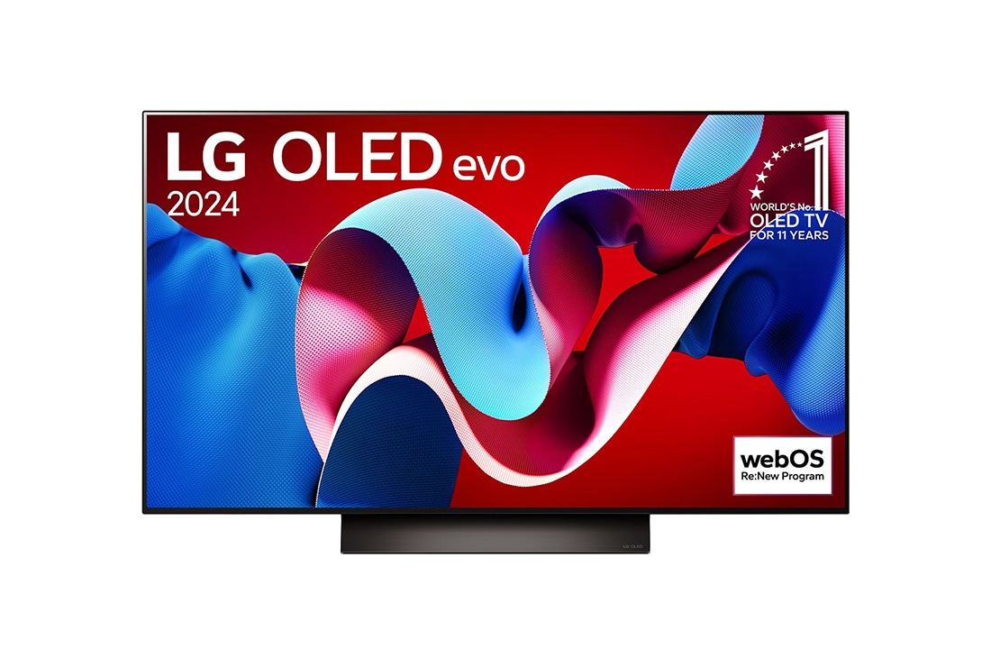 LG 48-palcový LG OLED evo AI C4 4K Smart TV OLED48C4, Pohľad spredu s televízorom LG OLED evo AI, OLED C4, emblémom 11 rokov svetovej jednotky OLED a logom webOS Re:New Program na obrazovke so stojanom s dvomi nohami, OLED48C44LA