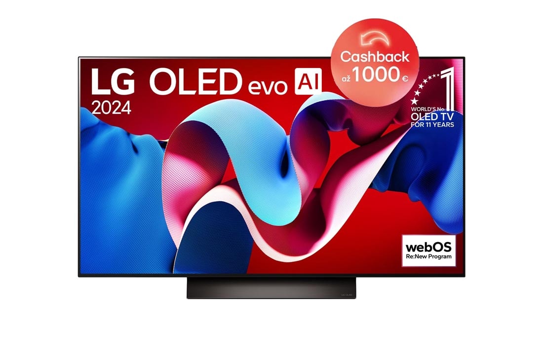 LG 48-palcový LG OLED evo AI C4 4K Smart TV OLED48C4, Pohľad spredu s televízorom LG OLED evo AI, OLED C4, emblémom 11 rokov svetovej jednotky OLED a logom webOS Re:New Program na obrazovke so stojanom s dvomi nohami, OLED48C45LA