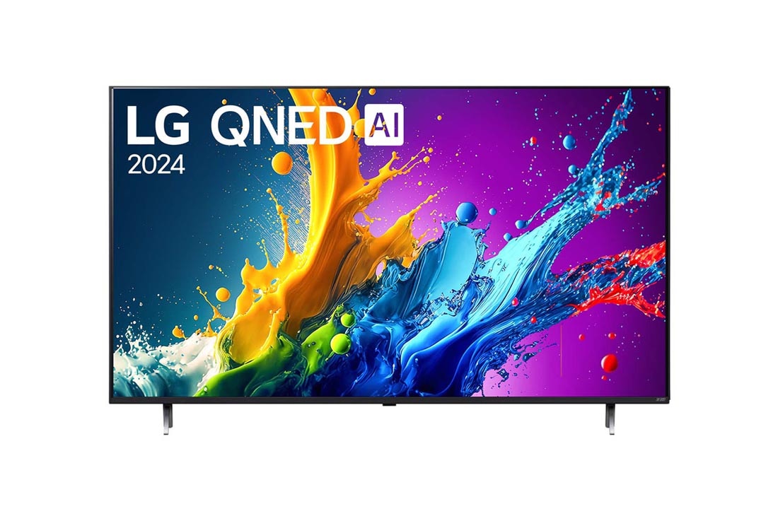 LG 86-palcový LG QNED AI QNED80 4K Smart TV 2024, Pohľad spredu na LG QNED TV, QNED80 s textom LG QNED, 2024 a logom webOS Re:New Program na obrazovke, 86QNED80T6A