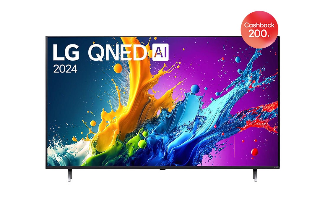 LG 86-palcový LG QNED AI QNED80 4K Smart TV 2024, Pohľad spredu na LG QNED TV, QNED80 s textom LG QNED, 2024 a logom webOS Re:New Program na obrazovke, 86QNED80T6A