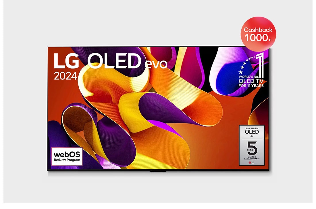 LG 83-palcový LG OLED evo AI G4 4K Smart TV OLED83G4, Pohľad spredu s televízorom LG OLED evo AI, OLED G4, emblémom 11 rokov svetovej jednotky OLED, logom webOS Re:New Program a logom 5-ročnej záruky na panel na obrazovke, OLED83G45LW