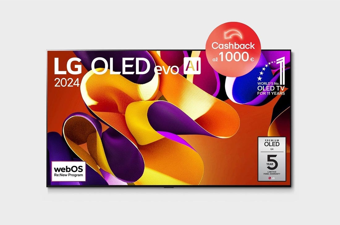 LG 83-palcový LG OLED evo AI G4 4K Smart TV OLED83G4, Pohľad spredu s televízorom LG OLED evo AI, OLED G4, emblémom 11 rokov svetovej jednotky OLED, logom webOS Re:New Program a logom 5-ročnej záruky na panel na obrazovke, OLED83G45LW