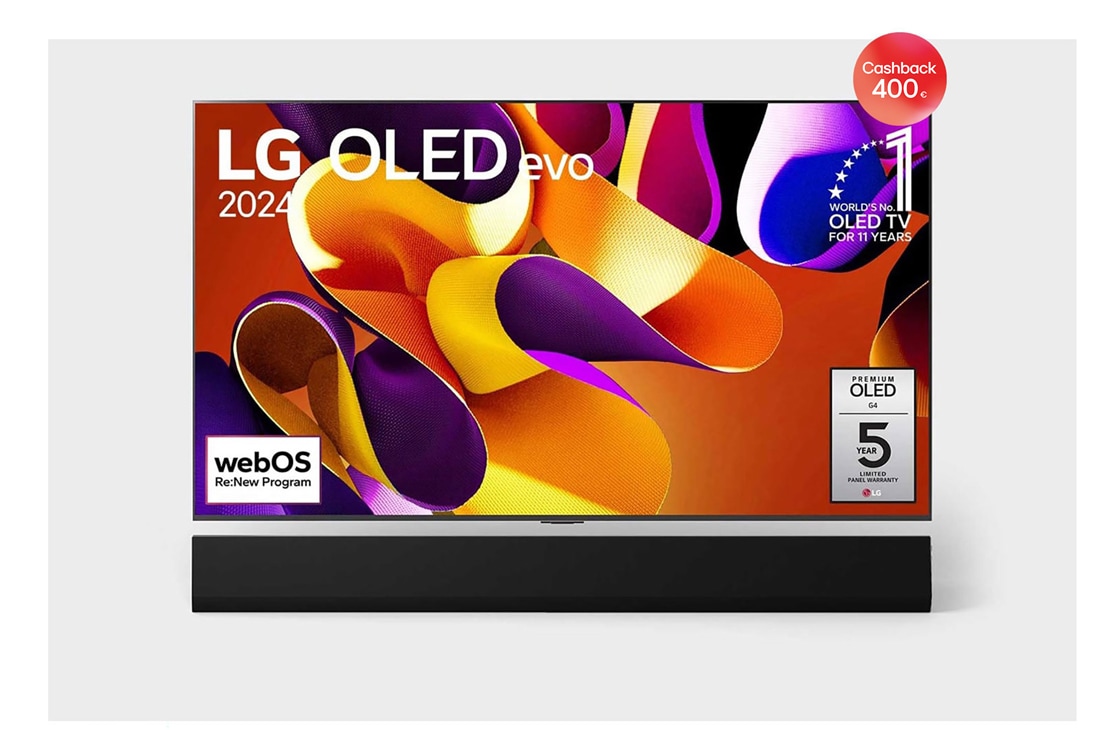 LG 77-palcový LG OLED evo AI G4 4K Smart TV OLED77G4, Pohľad spredu s televízorom LG OLED evo AI, OLED G4, emblémom 11 rokov svetovej jednotky OLED, logom webOS Re:New Program a logom 5 ročnej záruky na panel na obrazovke, ako aj so soundbarom pod televí, OLED77G45LW