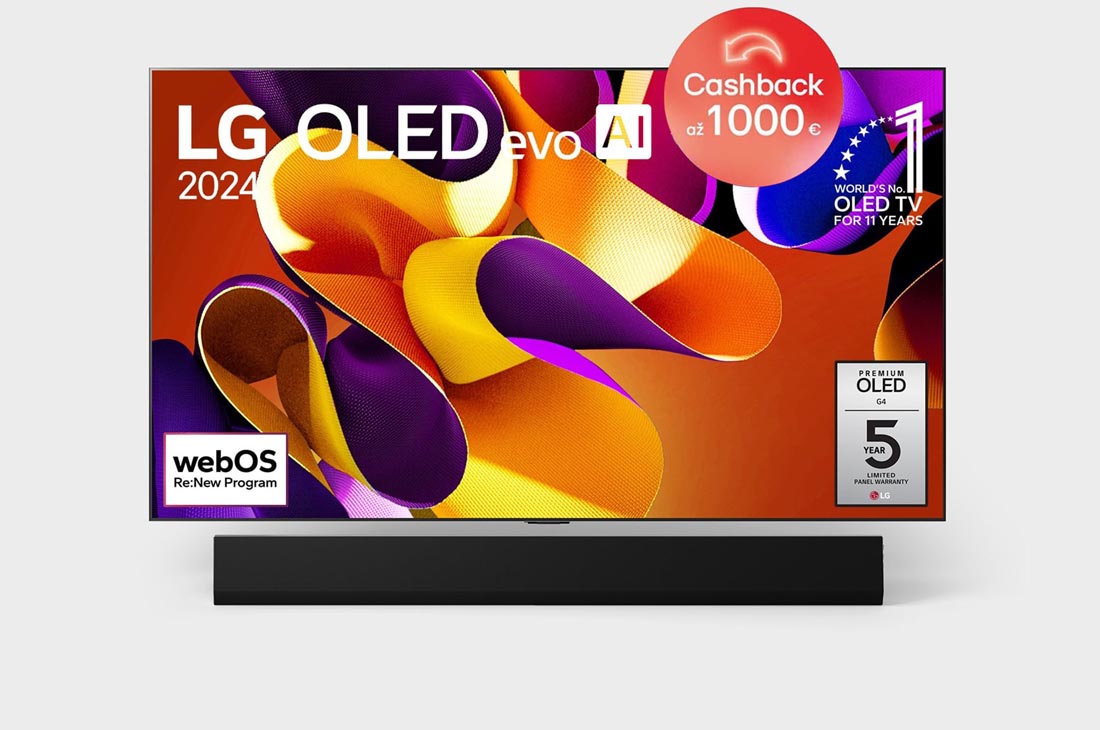 LG 77-palcový LG OLED evo AI G4 4K Smart TV OLED77G4, Pohľad spredu s televízorom LG OLED evo AI, OLED G4, emblémom 11 rokov svetovej jednotky OLED, logom webOS Re:New Program a logom 5 ročnej záruky na panel na obrazovke, ako aj so soundbarom pod televí, OLED77G45LW