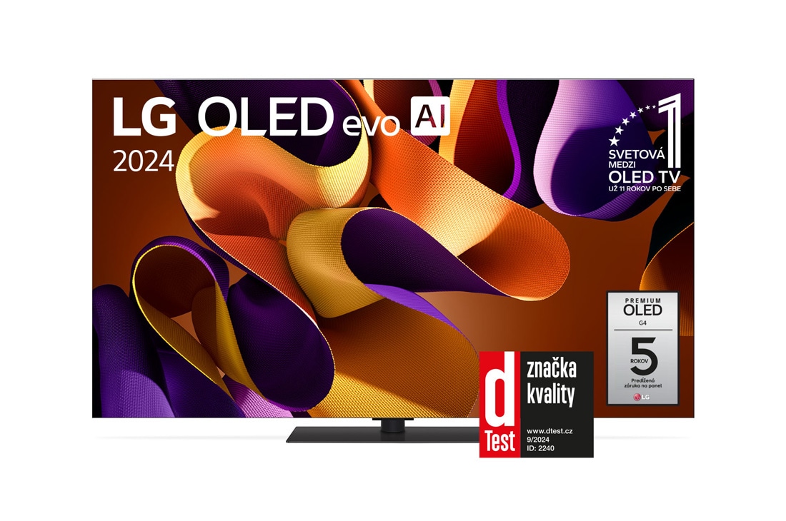 LG 65-palcový LG OLED evo AI G4 4K Smart TV OLED65G4, Pohľad spredu s televízorom LG OLED evo AI, OLED G4, emblémom 11 rokov svetovej jednotky OLED, logom webOS Re:New Program a logom 5-ročnej záruky na panel na obrazovke, OLED65G46LS