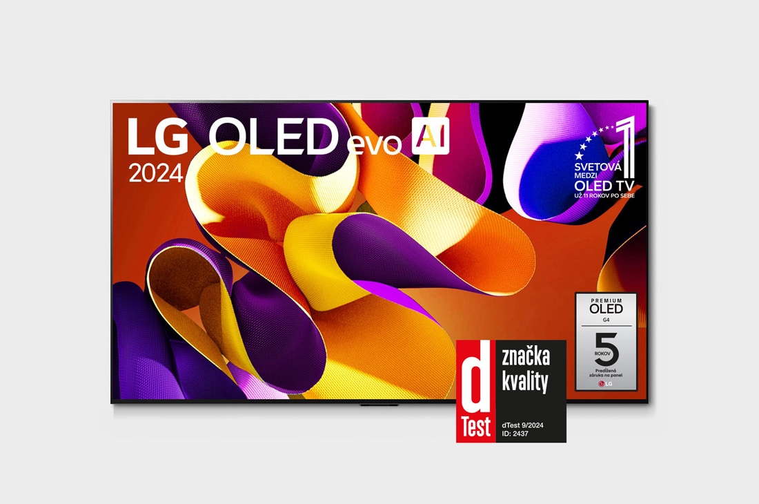 LG 55-palcový LG OLED evo AI G4 4K Smart TV OLED55G4, Pohľad spredu s televízorom LG OLED evo AI, OLED G4, emblémom 11 rokov svetovej jednotky OLED, logom webOS Re:New Program a logom 5-ročnej záruky na panel na obrazovke, OLED55G45LW