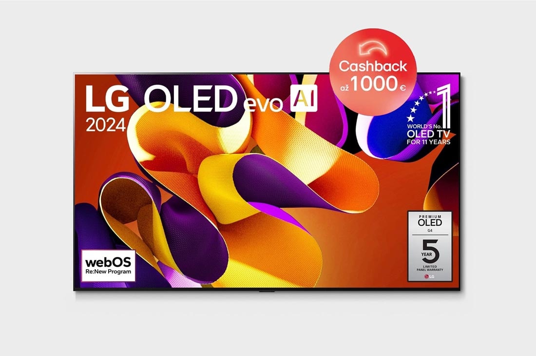 LG 55-palcový LG OLED evo AI G4 4K Smart TV OLED55G4, Pohľad spredu s televízorom LG OLED evo AI, OLED G4, emblémom 11 rokov svetovej jednotky OLED, logom webOS Re:New Program a logom 5-ročnej záruky na panel na obrazovke, OLED55G45LW