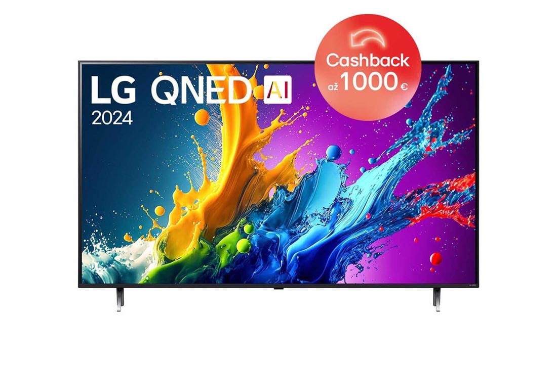 LG 75-palcový LG QNED AI QNED80 4K Smart TV 2024, Pohľad spredu na LG QNED TV, QNED80 s textom LG QNED, 2024 a logom webOS Re:New Program na obrazovke, 75QNED80T6A