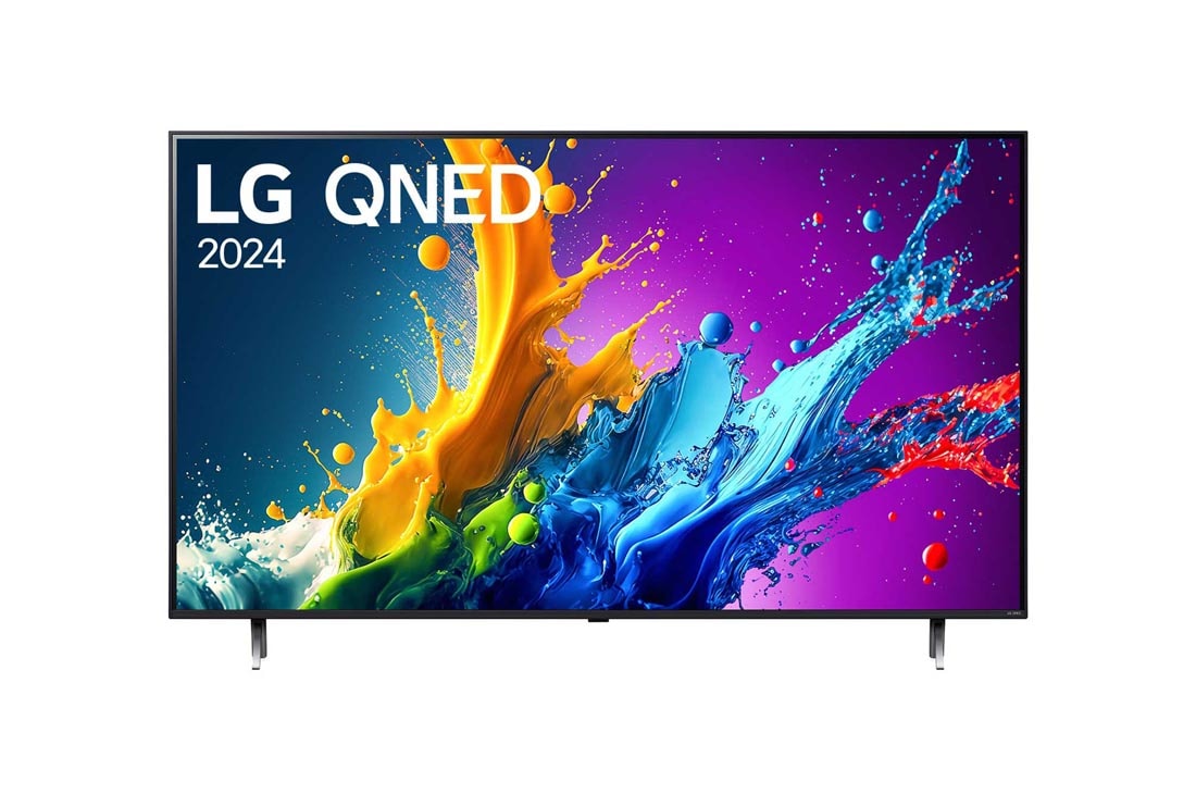 LG 75-palcový LG QNED AI QNED80 4K Smart TV 2024, Pohľad spredu na LG QNED TV, QNED80 s textom LG QNED, 2024 a logom webOS Re:New Program na obrazovke, 75QNED80T6A