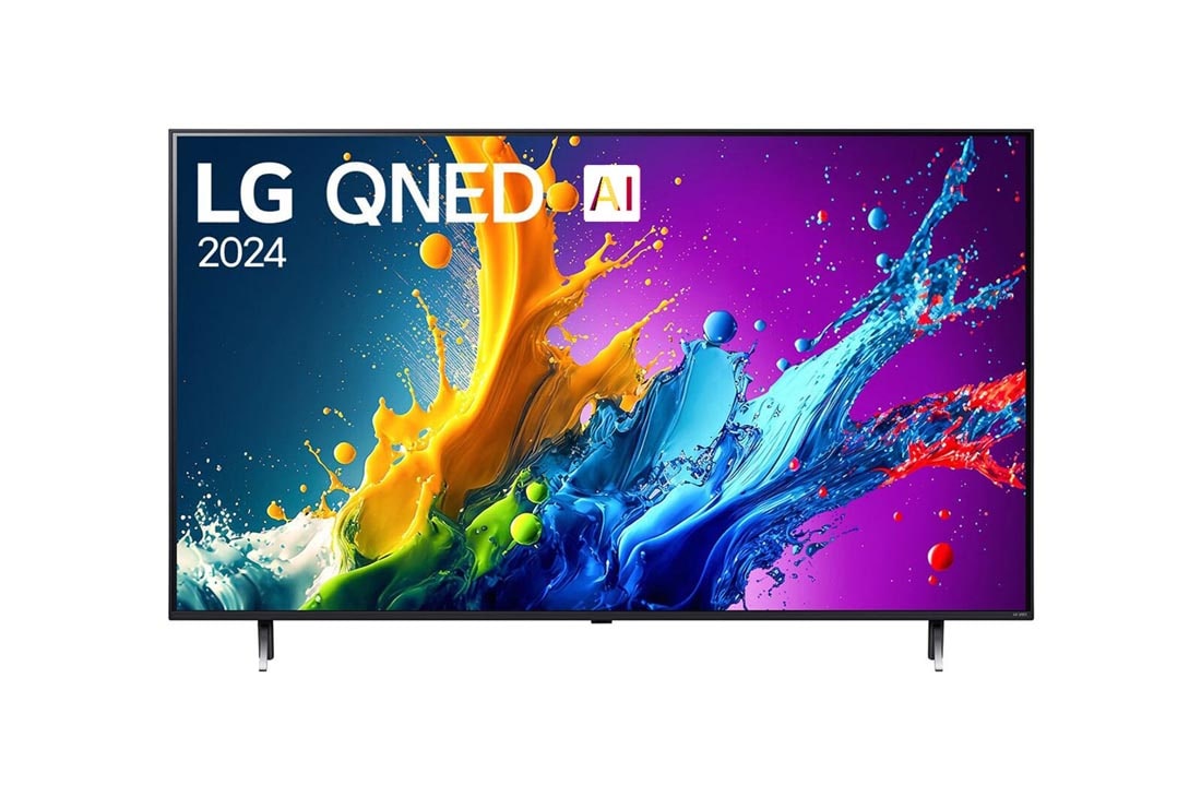 LG 65-palcový LG QNED AI QNED80 4K Smart TV 2024, Pohľad spredu na LG QNED TV, QNED80 s textom LG QNED, 2024 a logom webOS Re:New Program na obrazovke, 65QNED80T6A