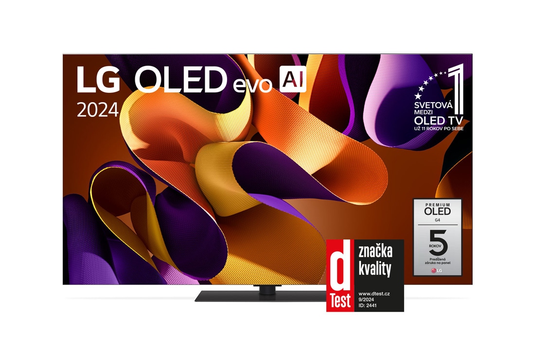 LG 55-palcový LG OLED evo AI G4 4K Smart TV OLED55G4, Pohľad spredu s televízorom LG OLED evo AI, OLED G4, emblémom 11 rokov svetovej jednotky OLED, logom webOS Re:New Program a logom 5-ročnej záruky na panel na obrazovke, OLED55G46LS