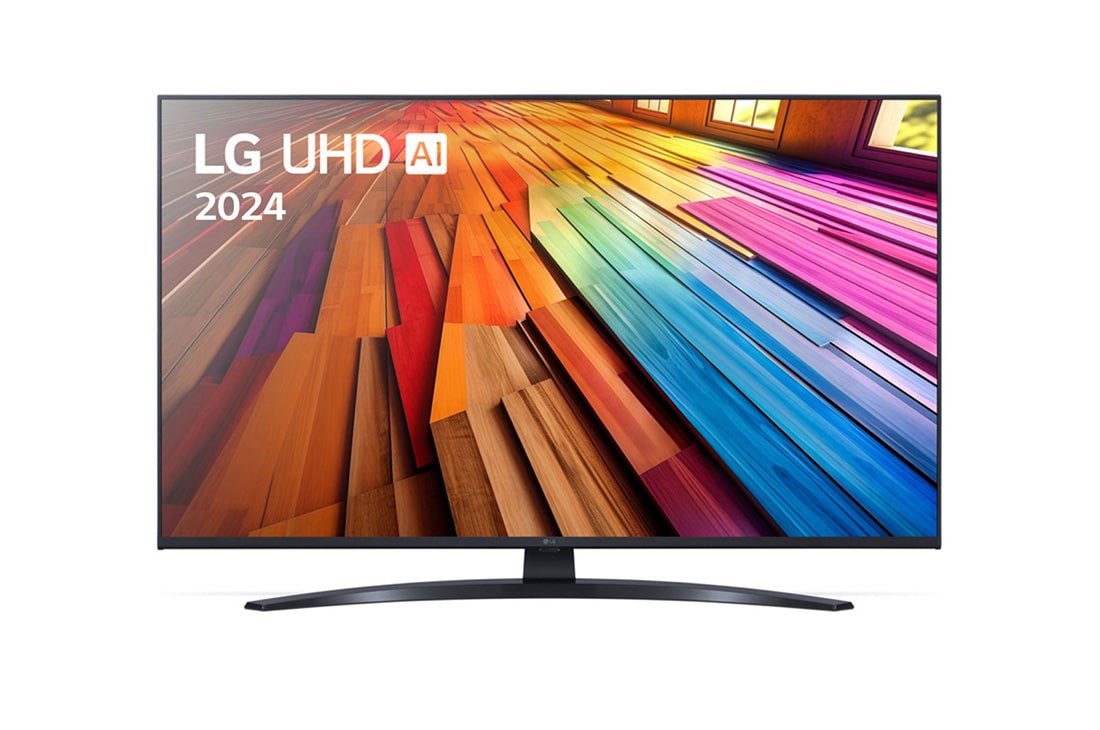 LG 43-palcový LG UHD AI UT81 Smart TV 2024, Pohľad spredu na LG UHD TV, UT81 s textom LG UHD AI , 2024 a logom webOS Re:New Program na obrazovke, 43UT81006LA