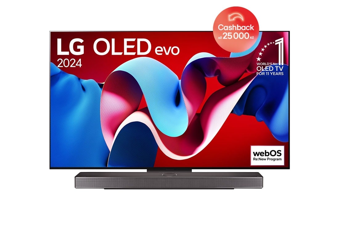 LG 77-palcový LG OLED evo C4 4K Smart TV OLED77C4, Pohľad spredu s televízorom LG OLED evo, OLED C4, logom 11 rokov svetovej jednotky OLED Emblem a logom webOS Re:New Program na obrazovke, ako aj so Soundbarom pod televízorom, OLED77C44LA