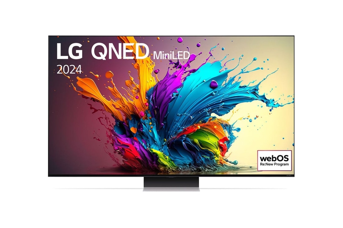 LG 86-palcový LG QNED MiniLED QNED91 4K Smart TV 2024, Pohľad spredu na LG QNED TV, QNED91 s textom LG QNED MiniLED, 2024 a logom webOS Re:New Program na obrazovke, 86QNED91T6A