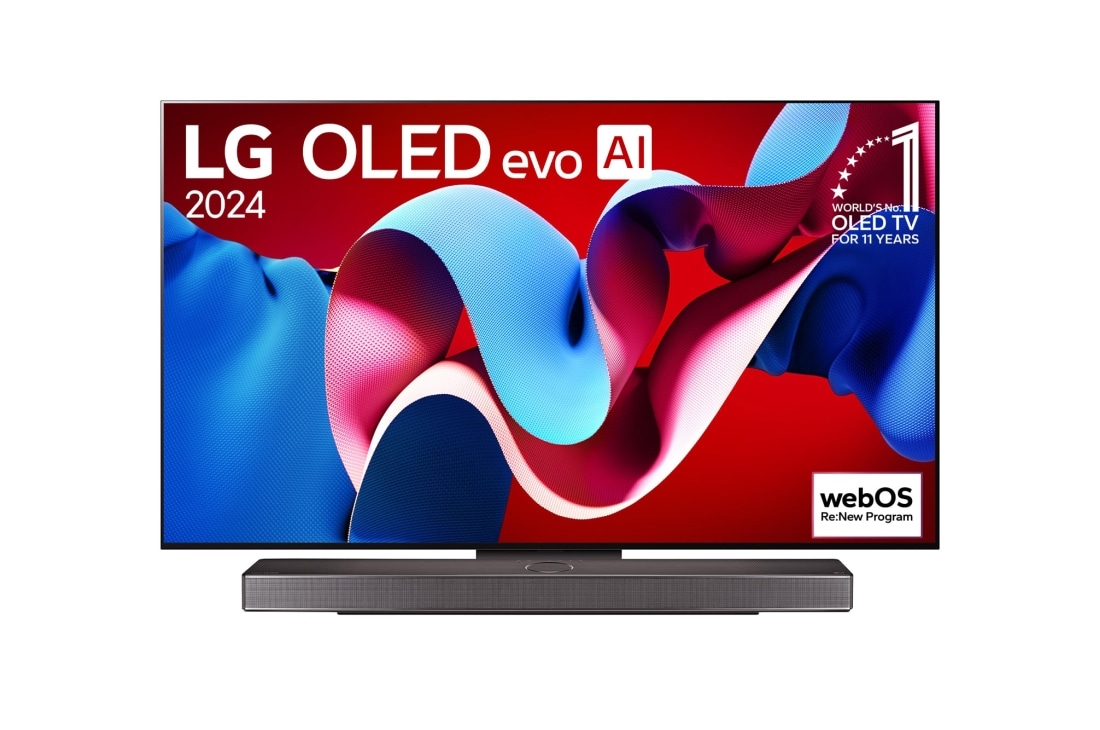 LG 55-palcový LG OLED evo C4 4K Smart TV OLED55C4, Pohľad spredu s televízorom LG OLED evo, OLED C4, logom 11 rokov svetovej jednotky OLED Emblem a logom webOS Re:New Program na obrazovke, ako aj so zvukovým panelom pod televízorom, OLED55C43LA