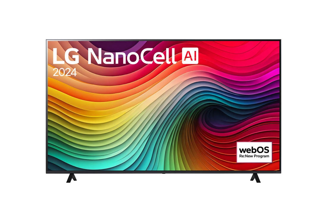 LG 75-palcový LG NanoCell AI NANO82 4K Smart TV 2024, Pohľad spredu na LG NanoCell AI TV, NANO82 s textom LG NanoCell AI, 2024 a logom webOS Re:New Program na obrazovke, 75NANO82T6B