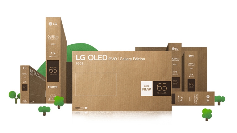 Emballage écologique en carton LG OLED représenté autour d’arbres et de montagnes animés.