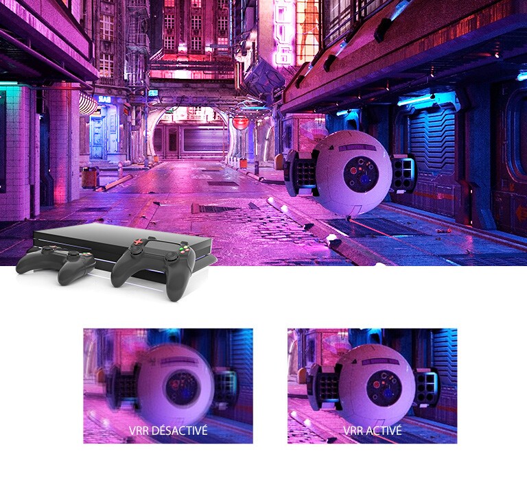Une rue aux éclairages roses avec un engin robotique futuriste et une console de jeu en haut de l’image. Ci-dessous figurent deux gros plans de l’engin robotique, celui de gauche étant flou avec la mention VRR désactivé et celui de droite étant net et présentant l’image avec VRR.
