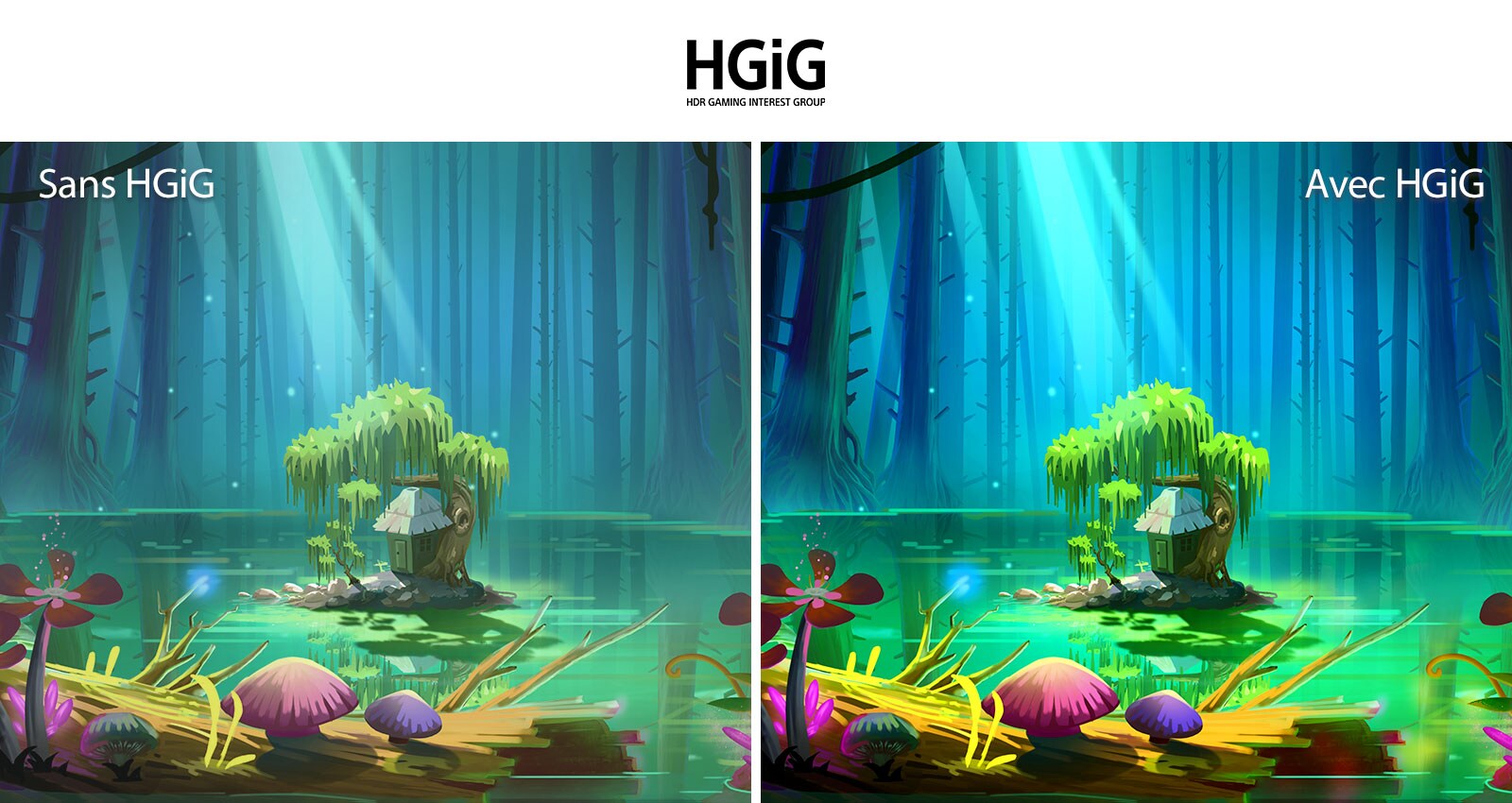 Une image animée d’une petite maison et d’un arbre, sur un petit terrain au milieu d’une mare entourée de grands arbres sans feuilles, accompagnée du texte « avec HGiG » en haut à droite, l’image est plus lumineuse et de meilleure qualité que celle sans HGiG.