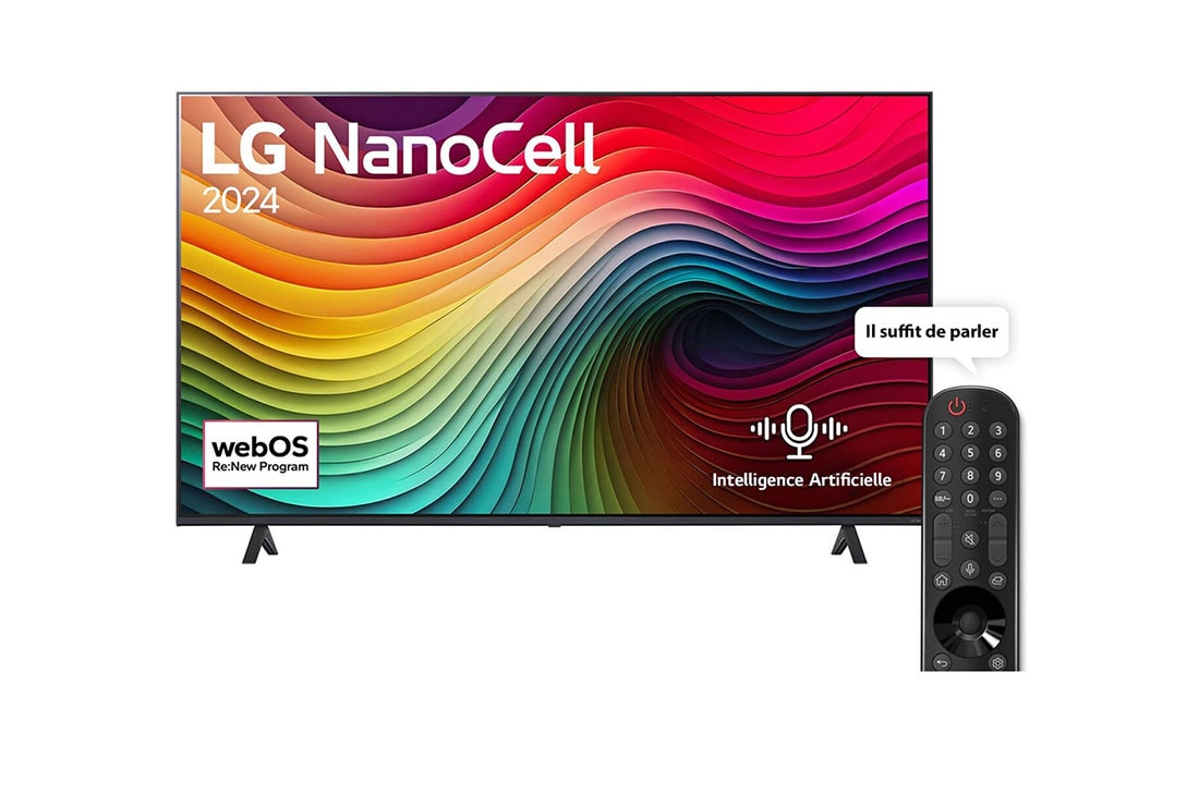 LG Smart TV LG NanoCell, modèle NANO80, technologie 4K, de 50 pouces (2024), Vue avant du LG NanoCell TV, NANO80 avec le texte LG NanoCell, 2024, et le logo de webOS Re:New Program à l'écran., 50NANO80T6A