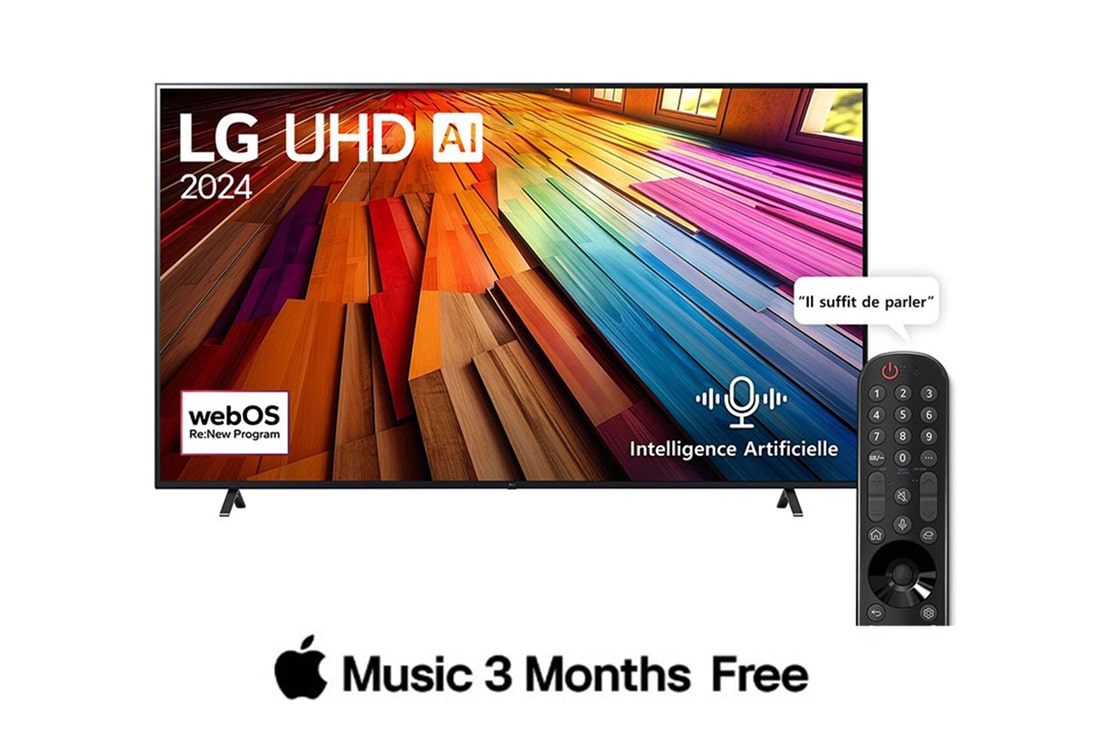 LG Smart TV  LG UHD AI UT80 4K, 75 pouces, Télécommande Magique IA HDR10 webOS24 20240, Vue avant du LG UHD TV, UT80 avec le texte LG UHD AI ThinQ, 2024, et le logo de webOS Re:New Program à l'écran., 75UT80006LB