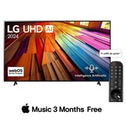 LG Smart TV  LG UHD AI UT80 4K, 75 pouces, Télécommande Magique IA HDR10 webOS24 20240, Vue avant du LG UHD TV, UT80 avec le texte LG UHD AI ThinQ, 2024, et le logo de webOS Re:New Program à l'écran., 75UT80006LB, thumbnail 6