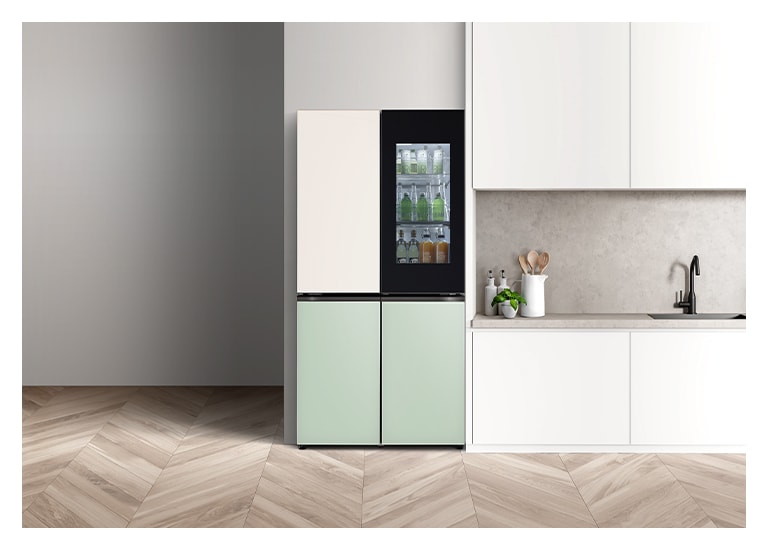 It shows mist mint&silver color LG French Door Objet Collection is placed in a bright-tone modern kitchen.