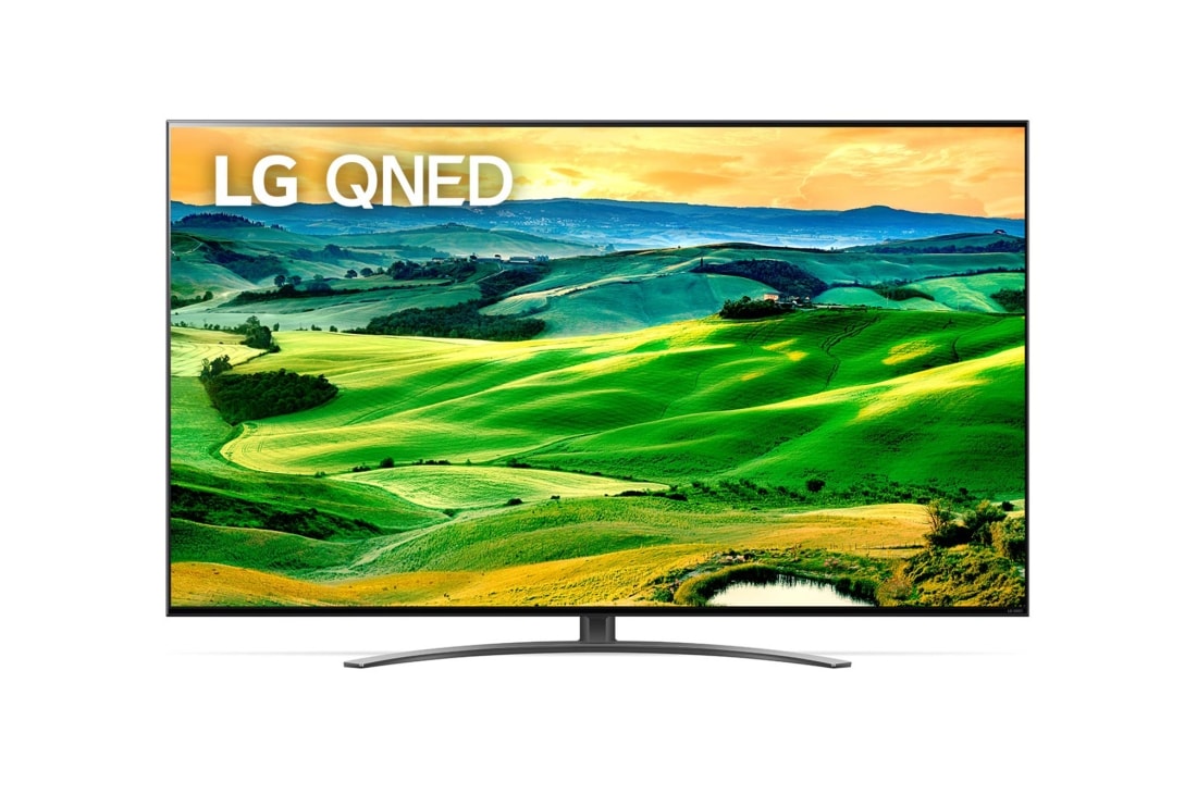 LG QNED 4K AI 語音物聯網電視55吋, 帶填充圖像和產品標誌的 LG QNED 電視的前視圖, 55QNED81SQA