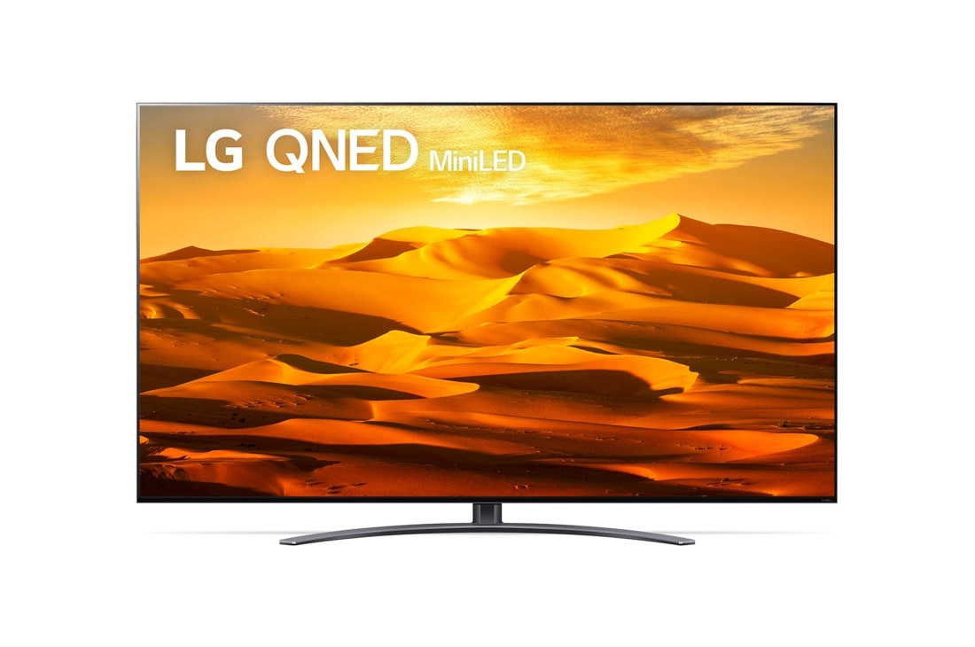 LG QNED miniLED 4K AI 語音物聯網電視65吋, 帶填充圖像和產品標誌的 LG QNED 電視的前視圖, 65QNED91SQA