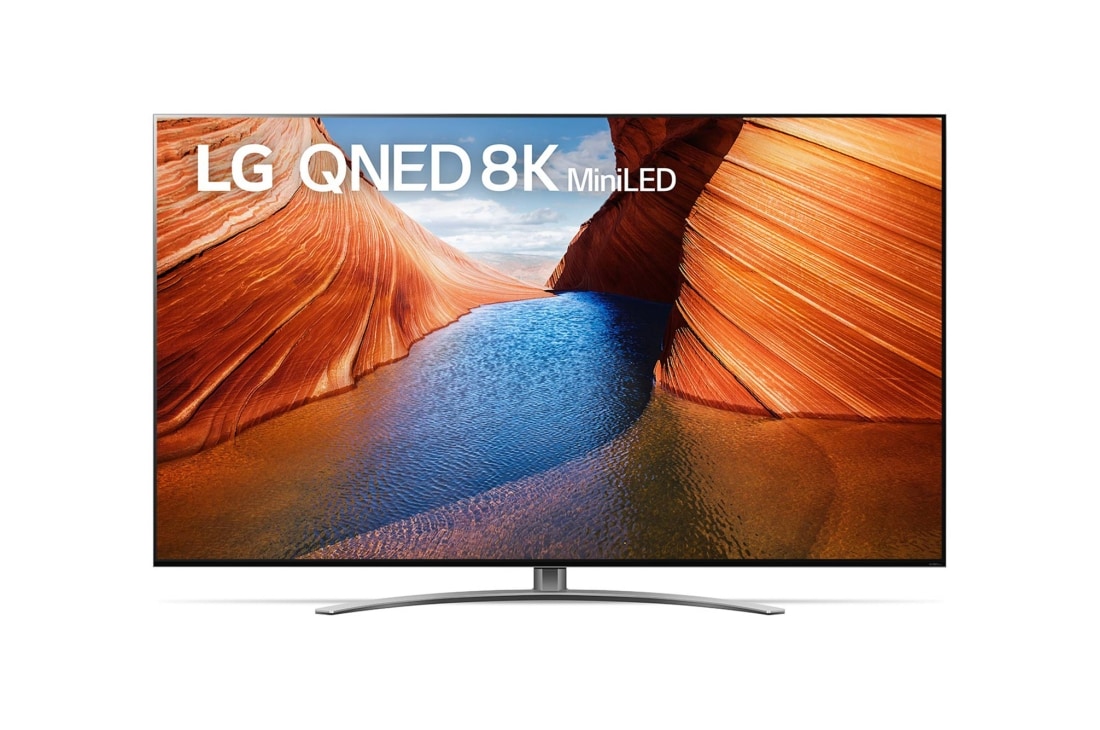 LG QNED miniLED 8K AI 語音物聯網電視86吋, 帶填充圖像和產品標誌的 LG QNED 電視的前視圖, 86QNED99SQB