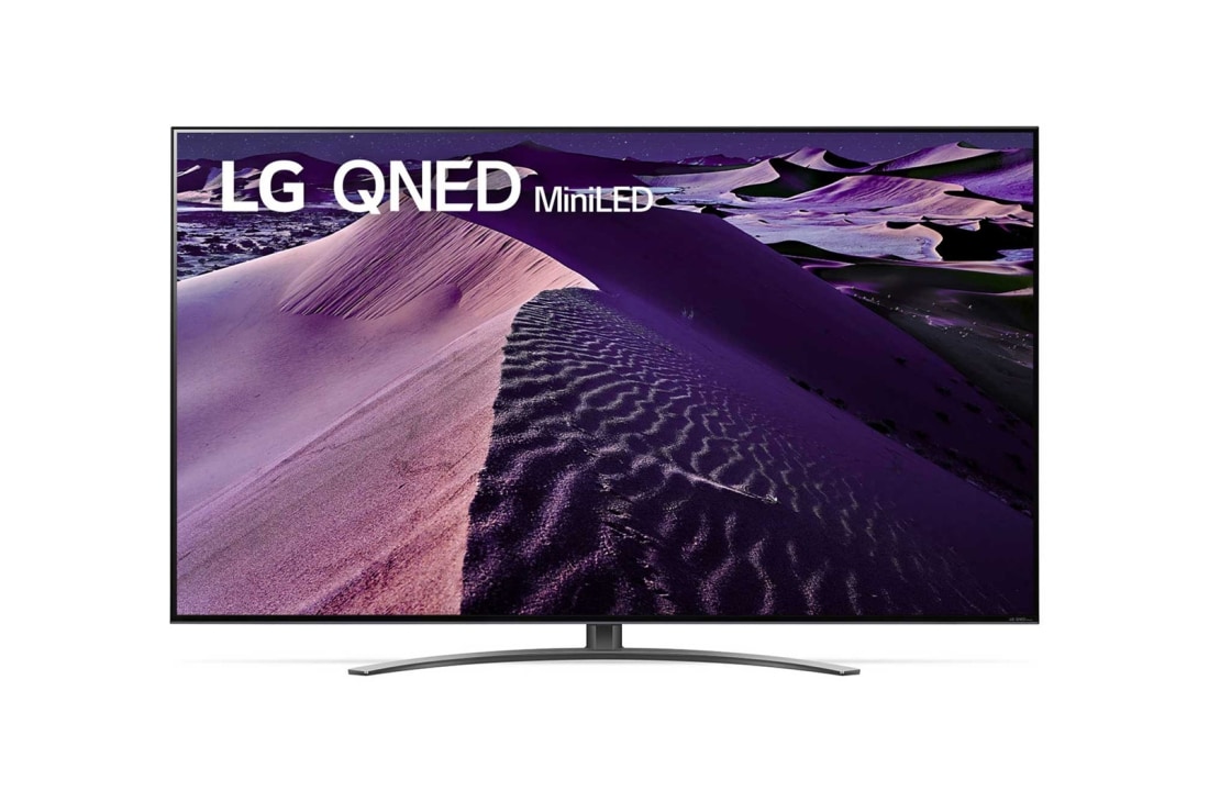 LG QNED miniLED 4K AI 語音物聯網智慧電視/65吋  (可壁掛), 帶填充圖像和產品標誌的 LG QNED 電視的前視圖, 65QNED86SQA