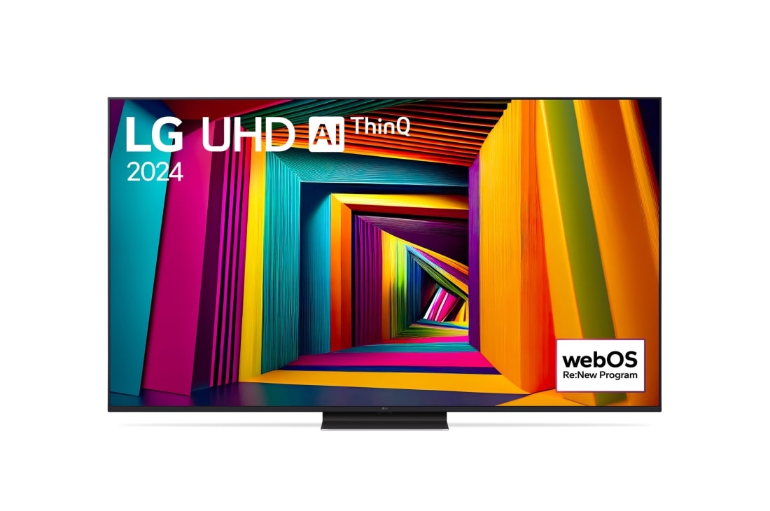 LG 75吋/ LG UHD 4K AI 語音物聯網 91 系列 (可壁掛)/2024, LG UHD 電視 UT90 的前視圖，螢幕上有一段文字，展示着 LG UHD AI ThinQ、2024 和 webOS Re:New Program 的標誌。, 75UT9150PTA