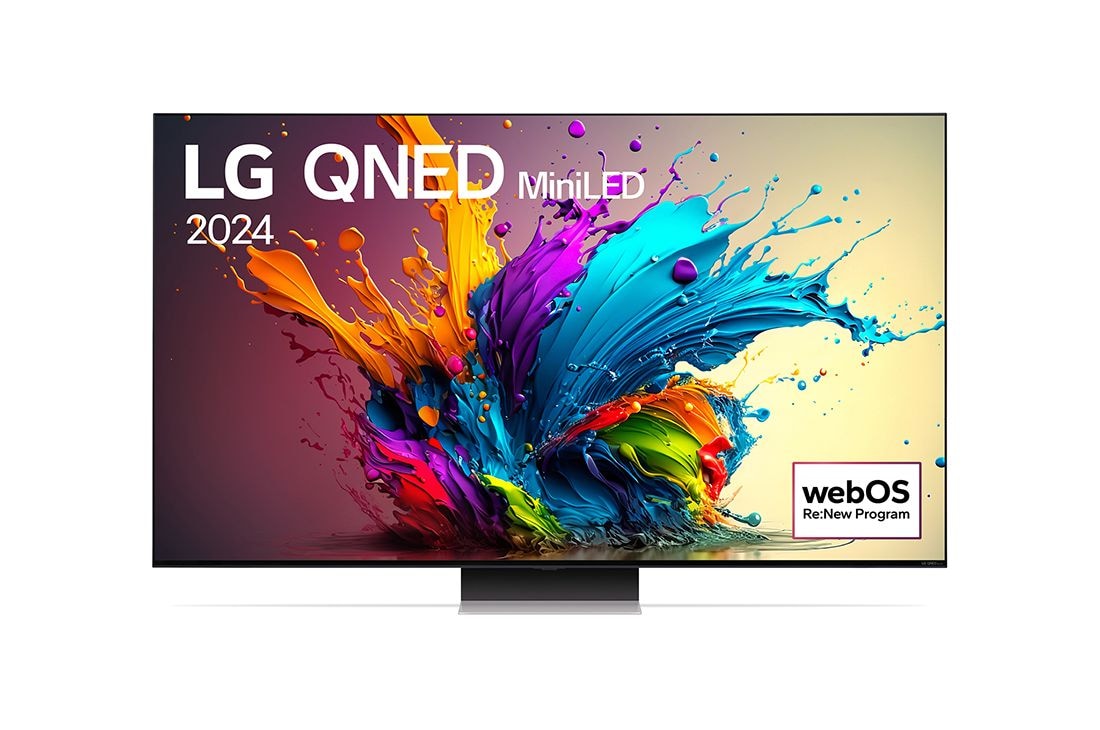LG 65吋/ LG QNED MiniLED 量子奈米 4K AI 語音物聯網 91 系列 (可壁掛)/2024, LG QNED 電視 QNED91 的前視圖，螢幕上有一段文字，展示着 LG QNED MiniLED、2024 和 webOS Re:New Program 的標誌。, 65QNED91TTA