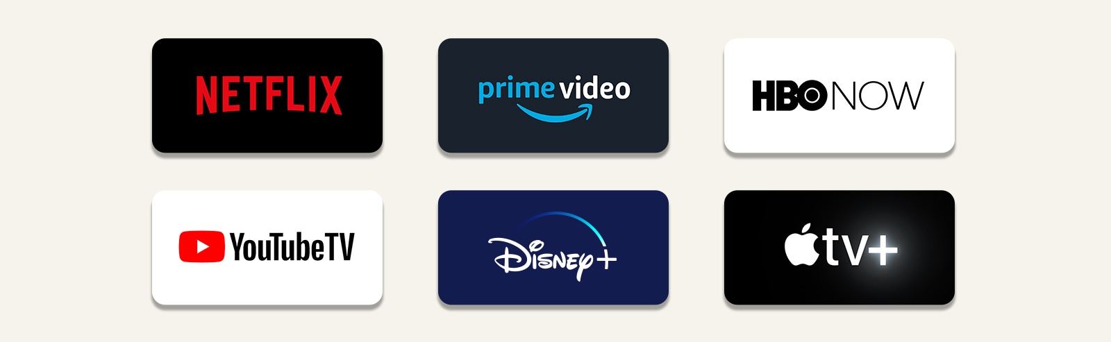 OTT 串流服務圖示排成一列。從左上開始：Netflix、Amazon Prime Video、HBO NOW、YouTubeTV、Disney+。及 Apple TV+。