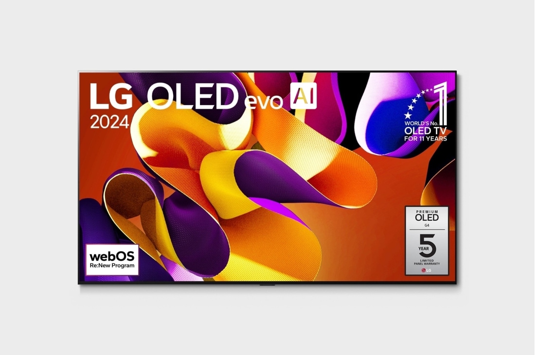 LG 83吋/ LG OLED evo AI 4K AI 語音物聯網 G4 零間隙藝廊系列 (含壁掛架)/2024, LG OLED evo AI 電視的前視圖，OLED G4、11 年全球第一 OLED 標誌、webOS Re:New 程式標誌，以及五年面板保固標誌在螢幕上, OLED83G4PTA