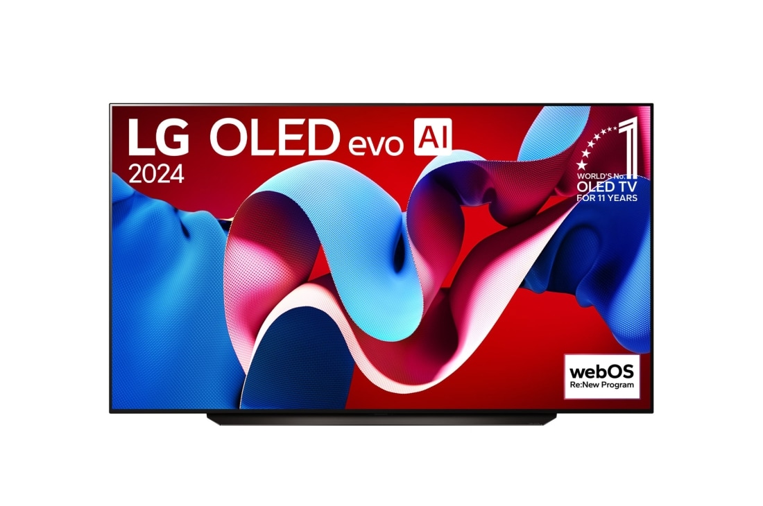 LG 83吋/ LG OLED evo AI 4K AI 語音物聯網 C4 極緻系列 (可壁掛)/2024, LG OLED evo AI 電視的前視圖，OLED C4、11 年全球第一 OLED 標誌，以及 webOS Re:New 程式標誌在螢幕上, OLED83C4PTA