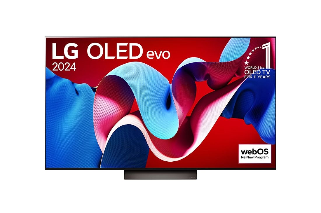 LG 65吋/ LG OLED evo 4K AI 語音物聯網 C4 極緻系列 (可壁掛)/2024, LG OLED evo 電視的前視圖，OLED C4、11 年全球第一 OLED 標誌，以及 webOS Re:New 程式標誌在螢幕上, OLED65C4PTA