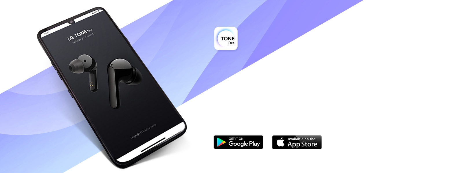 顯示 Tone Free 應用程式的智慧型手機以 45 度角放置在厚紫色條紋上。應用程式標誌放製在橫幅標題上。