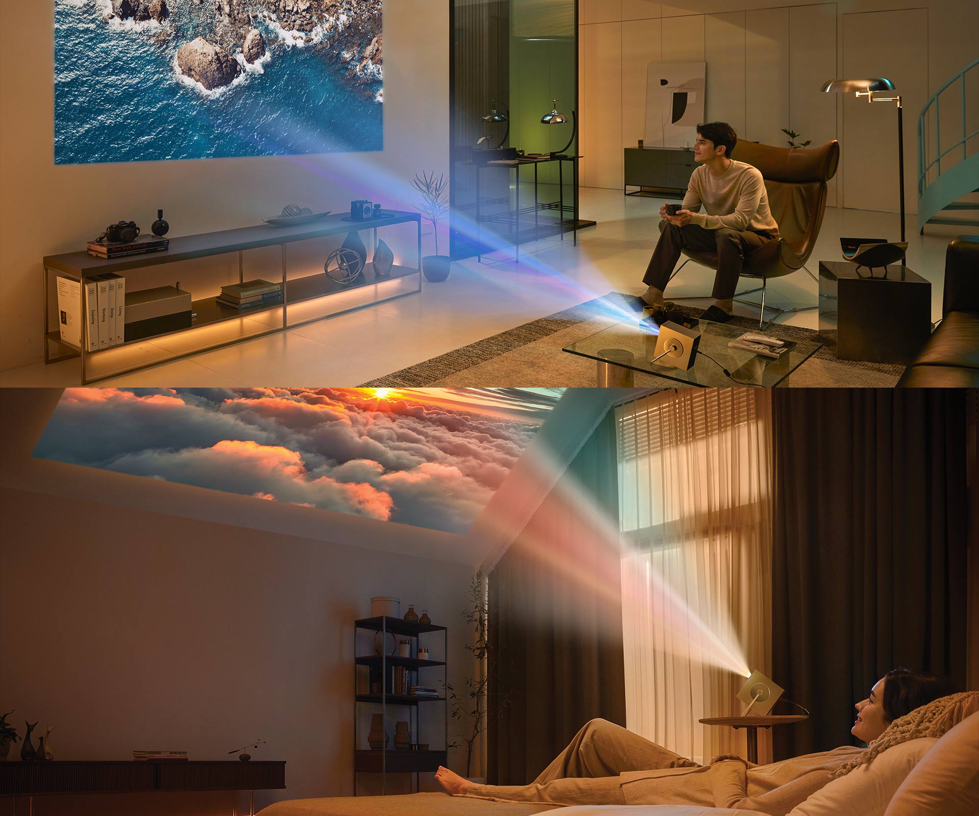 Various usage scenes of LG CineBeam HU710PB - living room and bedroom.	