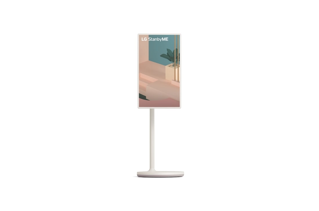 LG ﻿StanbyME 閨蜜機 無線可移式觸控螢幕, 帶背景圖片的垂直模式前視圖, 27ART10AKPL