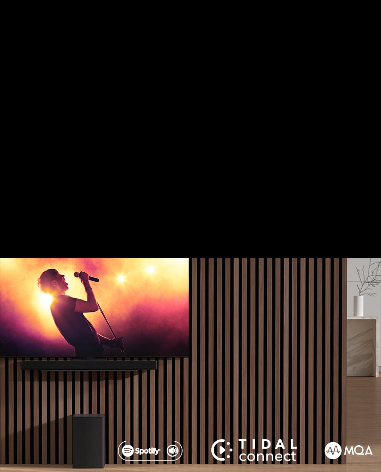 Телевізор LG OLED C встановлений на стіні, під ним на ексклюзивному кронштейні розміщена звукова панель LG SC9S. Під нею знаходиться сабвуфер. На екрані телевізора показана сцена концерту.