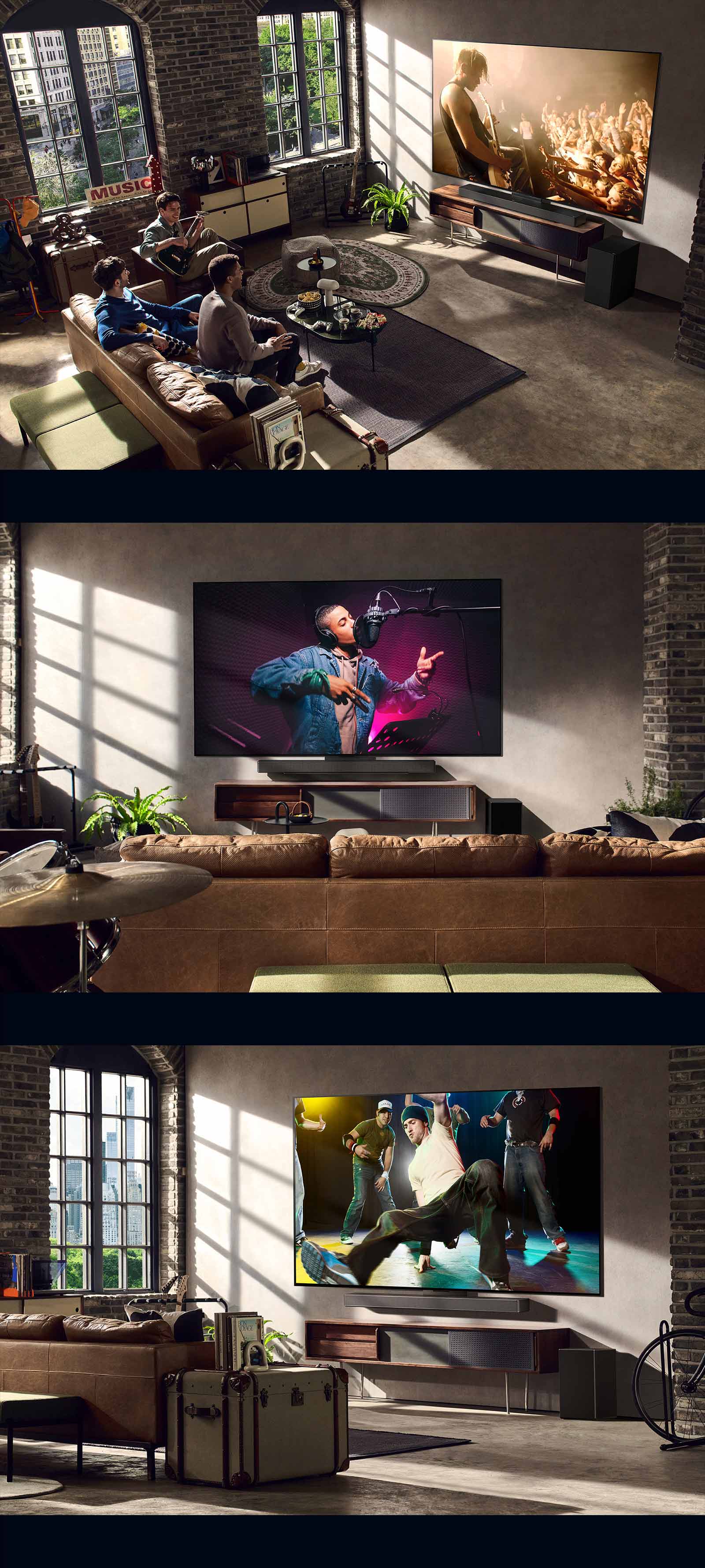 Три зображення зі сценами з життя. Зверху вниз: троє чоловіків насолоджуються відео концерту у вітальні. На стіні висить телевізор LG, що показує сцену запису музики. Внизу телевізор LG на стіні показує сцену брейк-дансу в діагональному ракурсі.