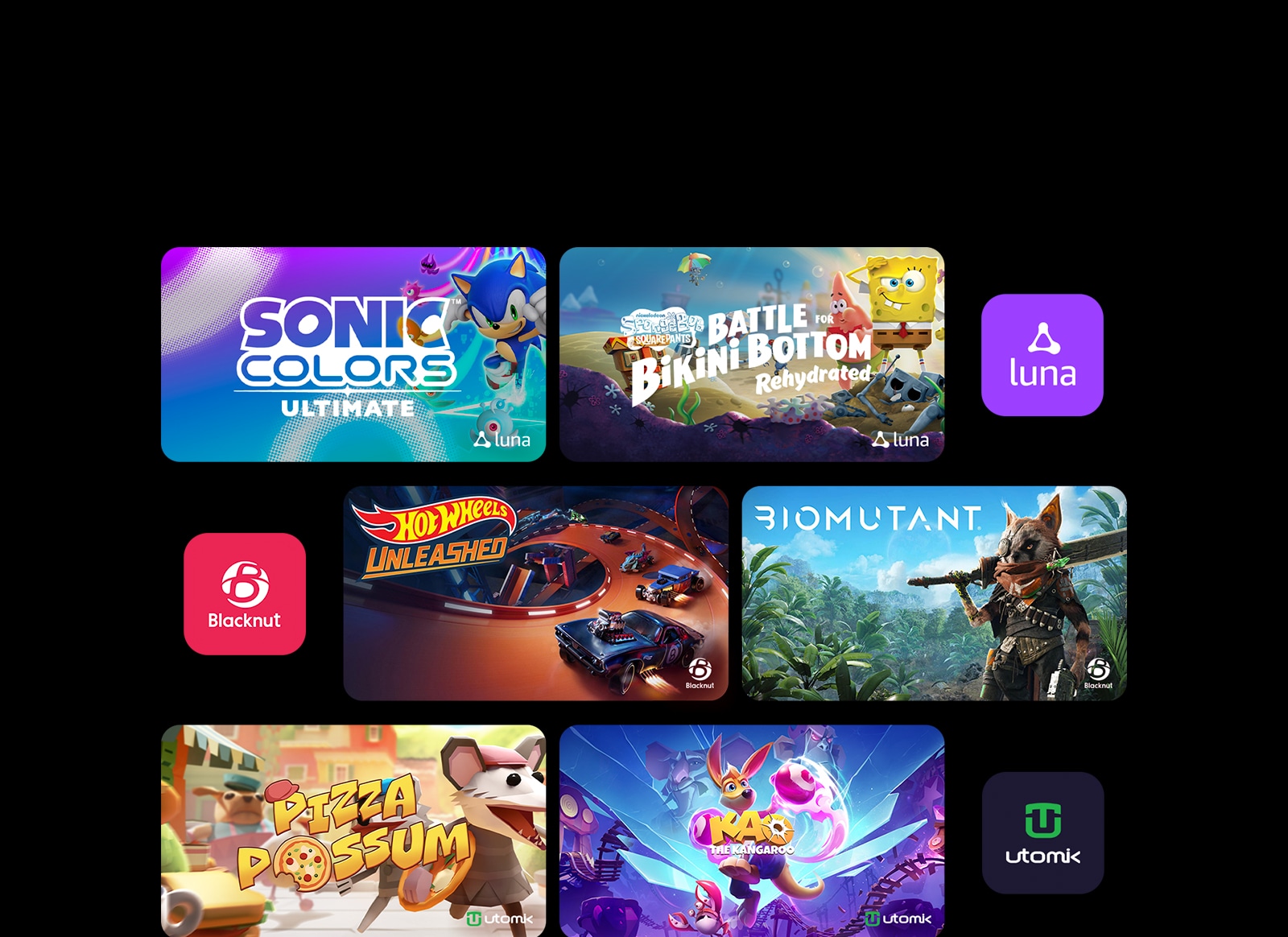 Відображаються ексклюзивні ігри Sonic Colors: Ultimate і Play SpongeBob: Battle for Bikini Bottom – Rehydrated від Luna, HOT WHEELS UNLEASHED і BIOMUTANT від Blacknut, Pizza Possum і Kao the Kangaroo від платформ хмарних ігор Utomik.